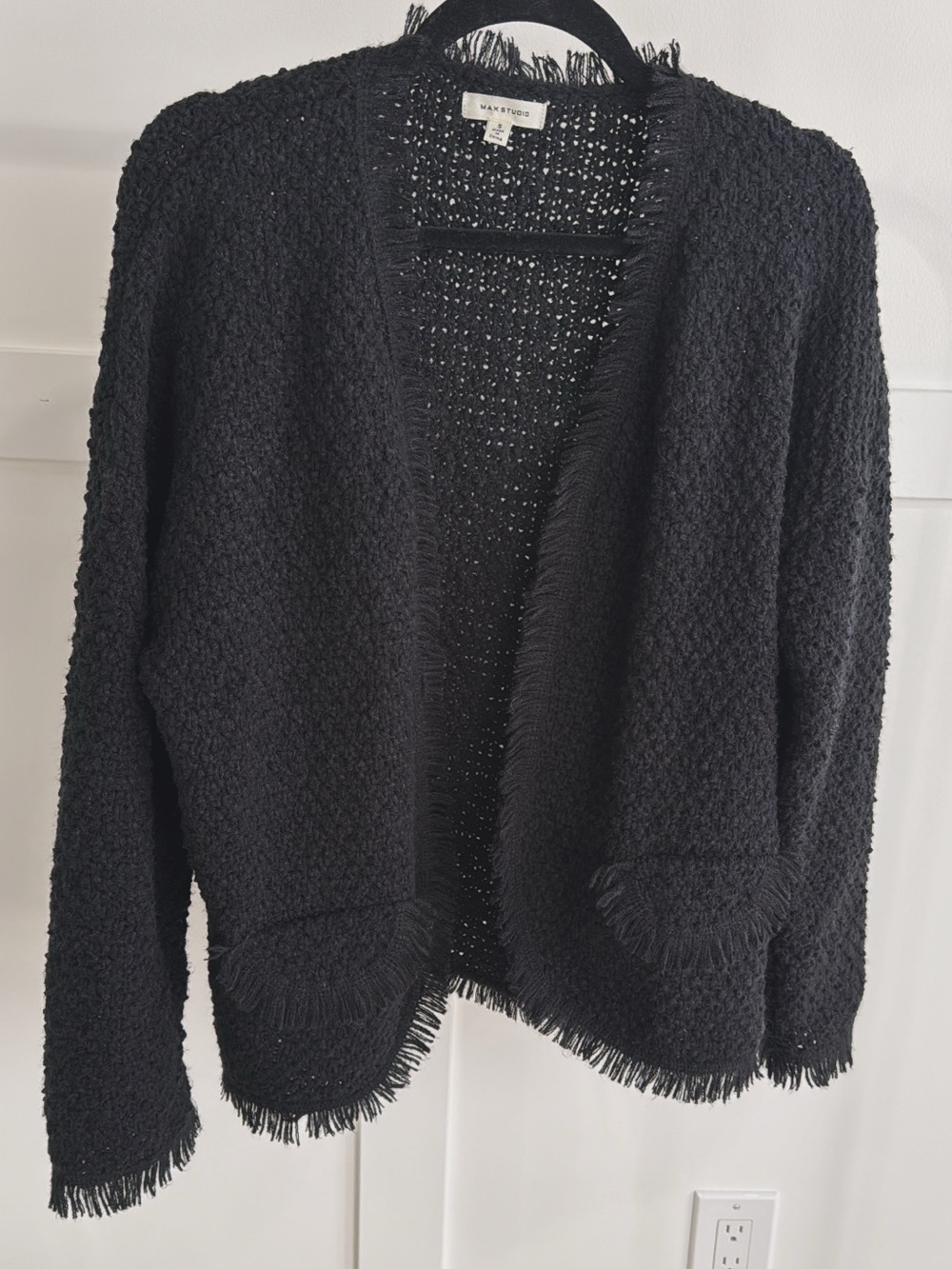 Max Studio Black Fringed Open-Front Cardigan
